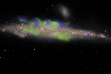 Composite image of the galaxy NGC 4631, the "Whale Galaxy," revealing large magnetic structures. Credit: Composite image by Jayanne English of the University of Manitoba, with NRAO VLA radio data from Silvia Carolina Mora-Partiarroyo and Marita Krause of the Max-Planck Institute for Radioastronomy. The observations are part of the project Continuum HAlos in Nearby Galaxies -- an EVLA Survey (CHANG-ES). The optical data were from the Mayall 4-meter telescope, collected by Maria Patterson and Rene Walterbos of New Mexico State University. Arpad Miskolczi of the University of Bochum provided the software code for tracing the magnetic field lines.